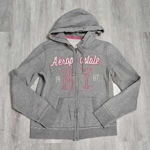 Y2K Aeropostale Grey Zip Up Hoodie with Pink Accents Size Small